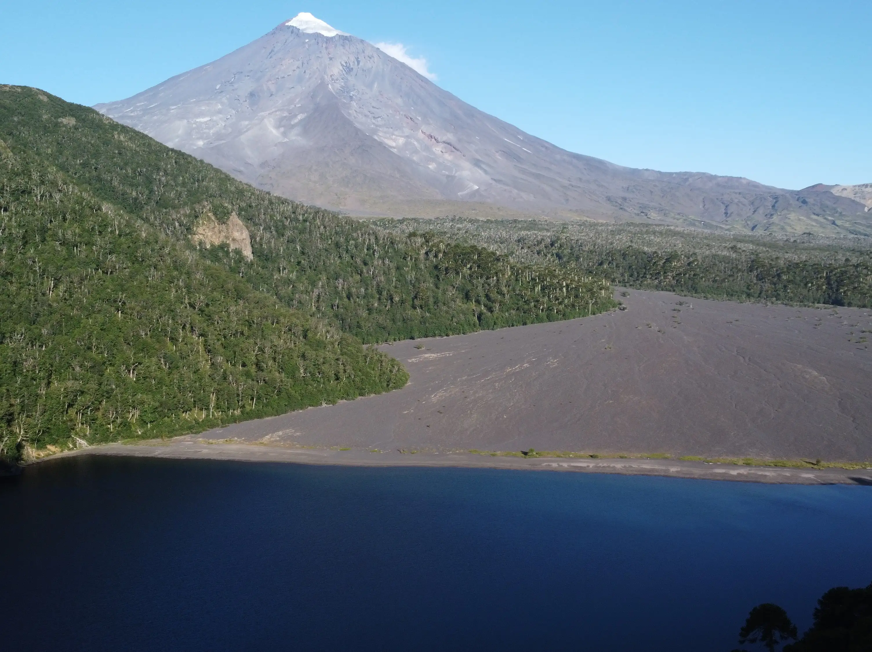 High-altitude Andean lake and native forest beneath Lanín Volcano, La Araucanía, Chile